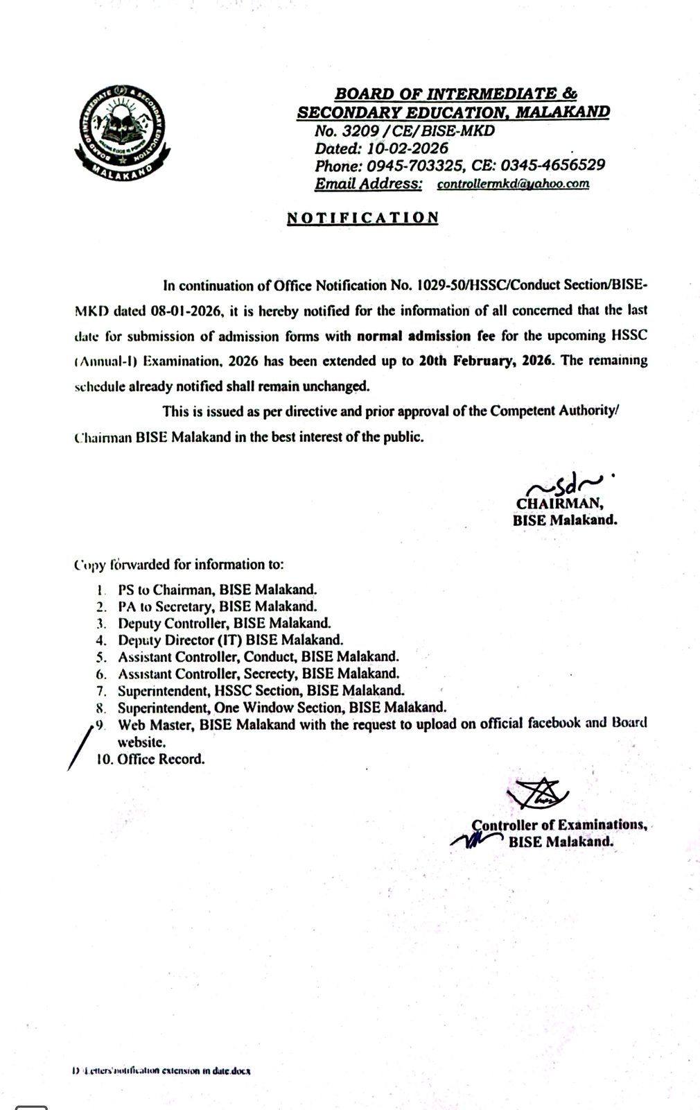 HSSC ADMISSION 2026 NORMAL DATE EXTEND